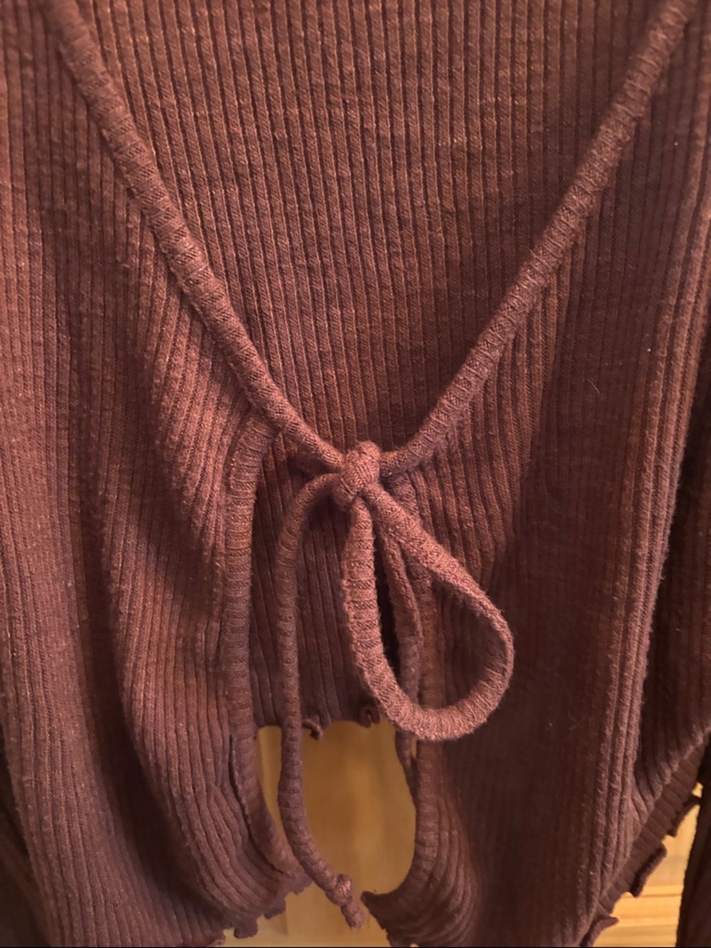 Tie-Front Ribbed Cardigan Sweater - Brown - Picture 3 of 10